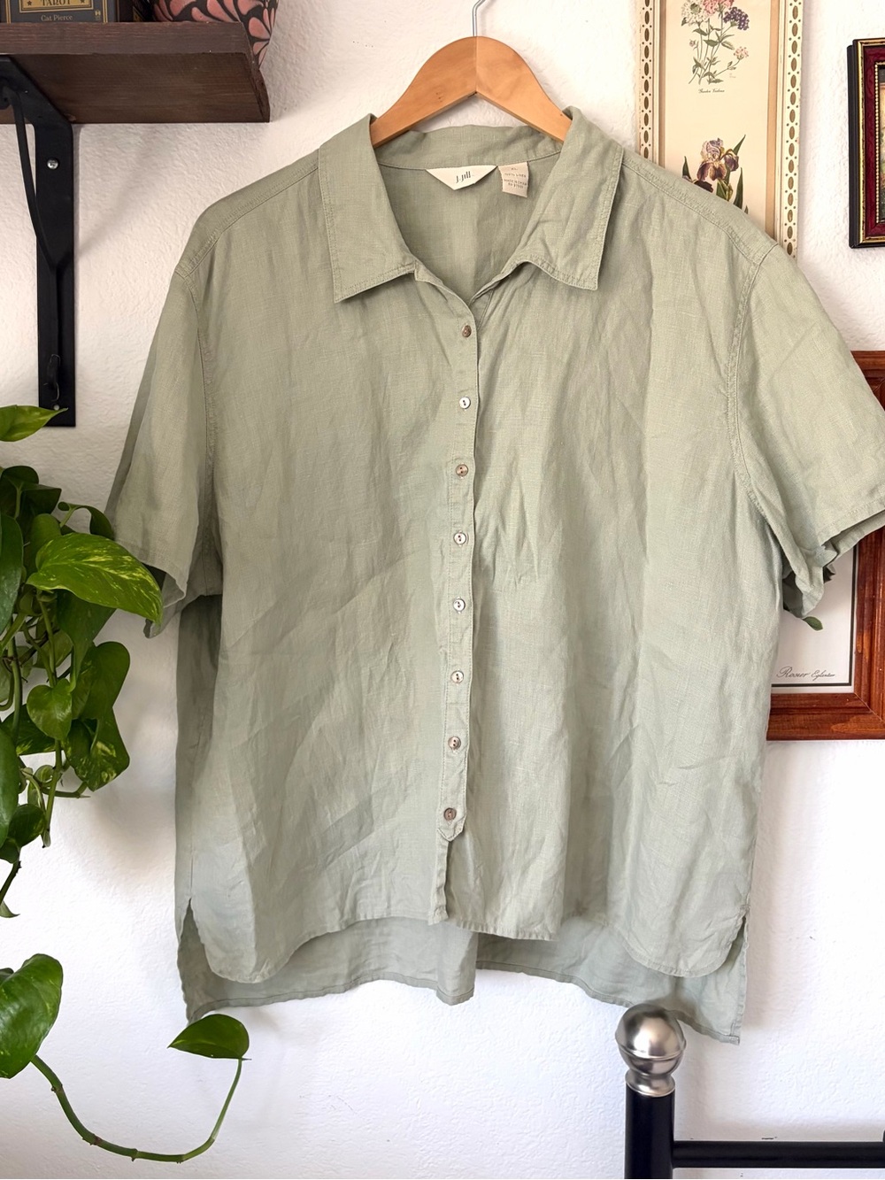 J. Jill Sage Green Linen Short Sleeve Button-Up Shirt - XL
